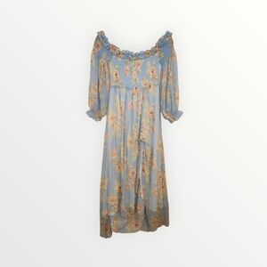 AAKAA  Women's Blue Floral Maxi Dress SZ M On Off Shoulder Slit Sundress